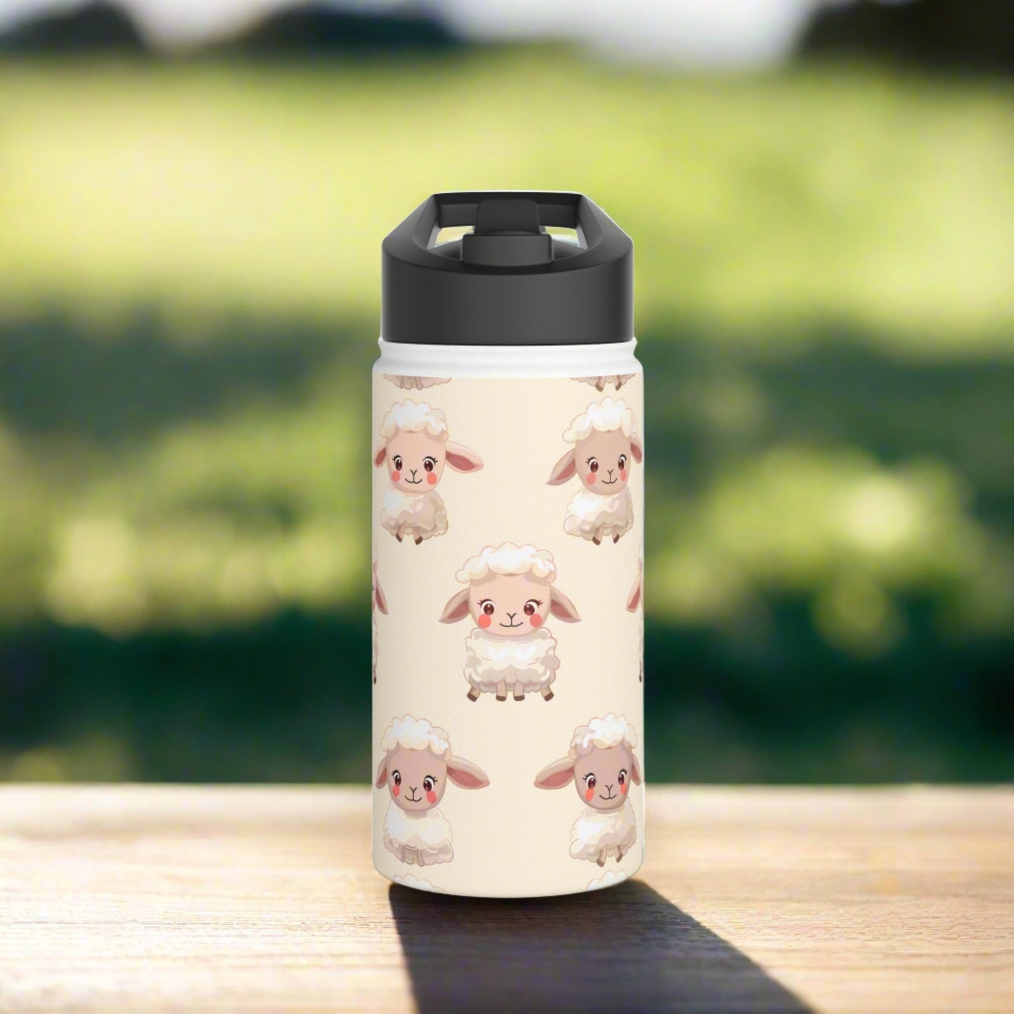 Insulated Water Bottle, 12oz, Cute Baby Lamb - Double Walled Stainless Steel Thermos, Keeps Drinks Hot or Cold