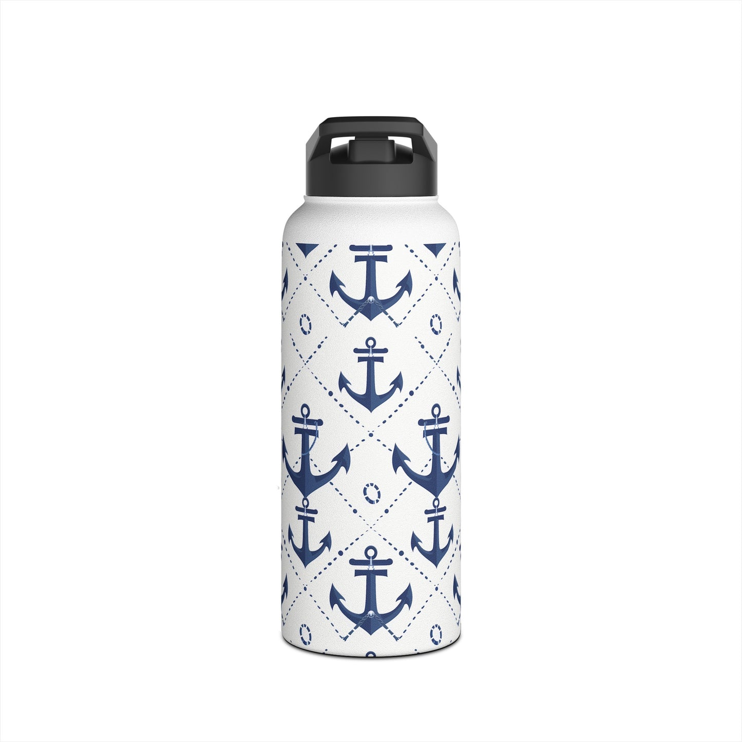 Stainless Steel Water Bottle Thermos, 32oz, Nautical Anchors - Double Wall Insulation Keeps Drinks Hot or Cold