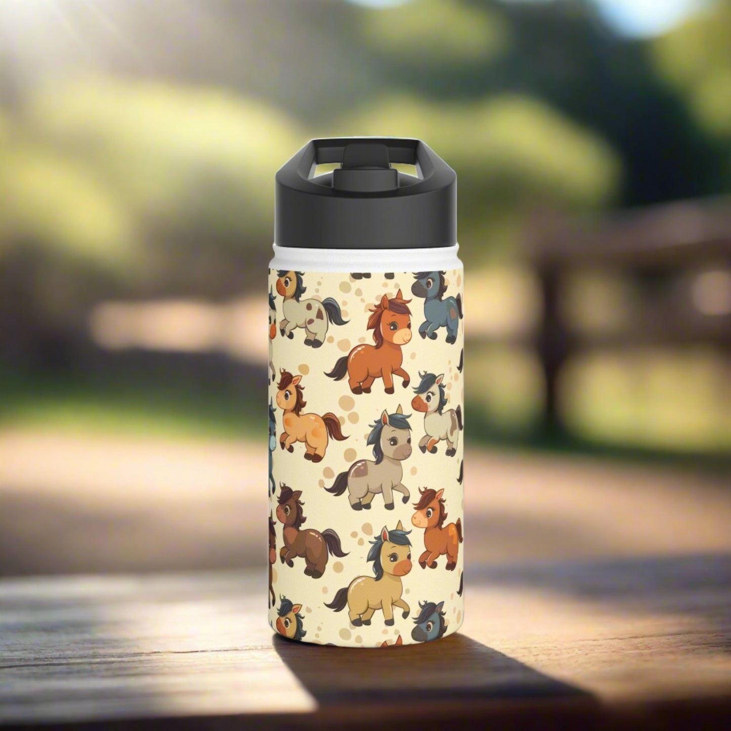 Insulated Water Bottle, 12oz, Cute Baby Horses - Double Walled Stainless Steel Thermos, Keeps Drinks Hot or Cold