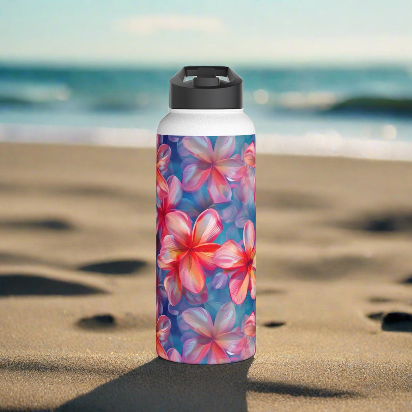 Stainless Steel Water Bottle Thermos, 32oz, Pink Plumeria - Double Wall Insulation Keeps Drinks Hot or Cold