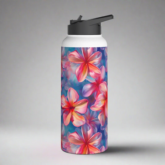 Stainless Steel Water Bottle Thermos, 32oz, Pink Plumeria - Double Wall Insulation Keeps Drinks Hot or Cold