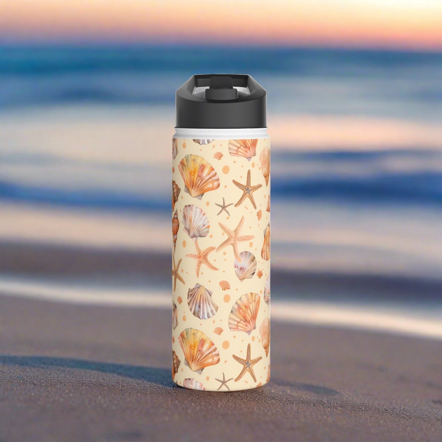 Stainless Steel Water Bottle Thermos, 18oz, Sand Seashells Starfish - Double Wall Insulation Keeps Drinks Hot or Cold