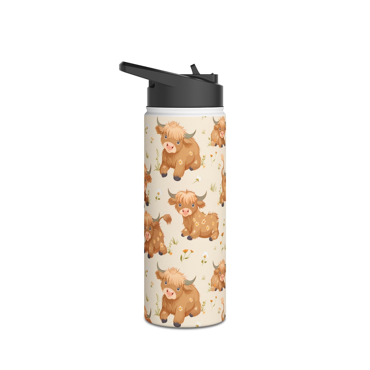 Insulated Water Bottle Thermos, 18oz, Cute Highland Cow - Double Walled Stainless Steel, Keeps Drinks Hot or Cold