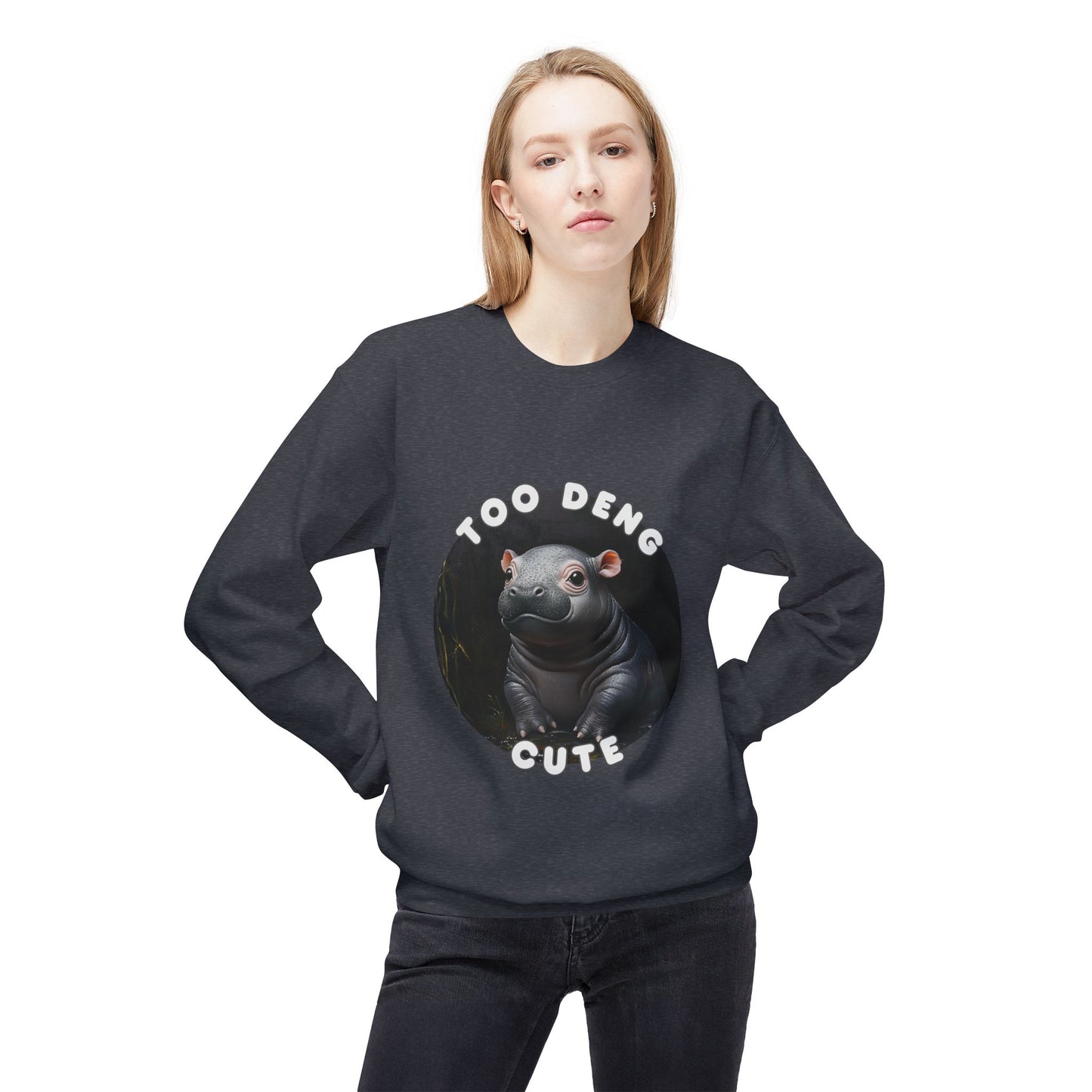 Unisex Fleece Crewneck Sweatshirt - Too Deng Cute Moo Deng Hippo, Cozy Cotton Blend, Classic Relaxed Fit