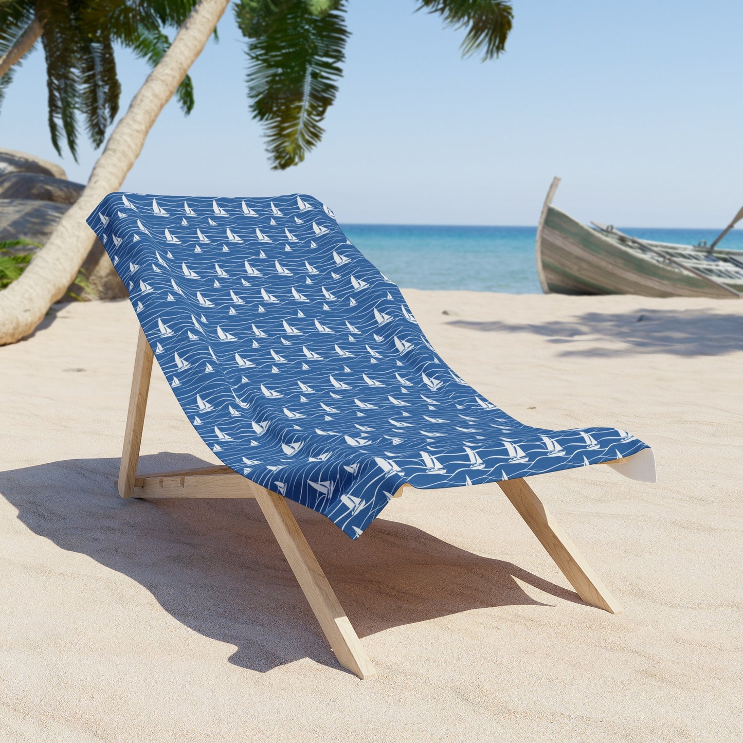 Sailboat Beach Towel with Blue Ocean Waves Design (30" × 60")