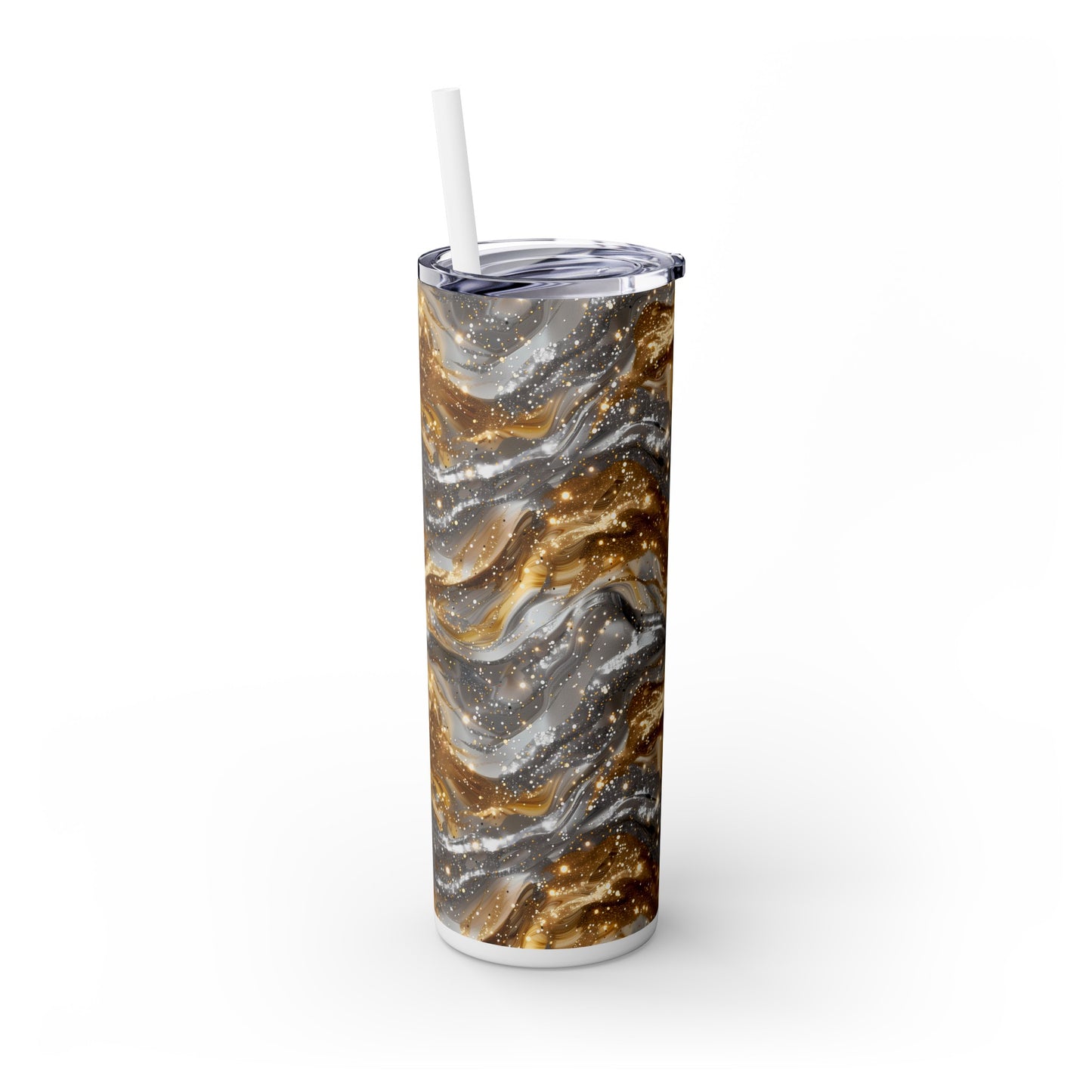 Stainless Steel Tumbler with Lid & Straw, 20 oz, Gold Silver Waves - Double-walled, Keeps Drinks Hot or Cold