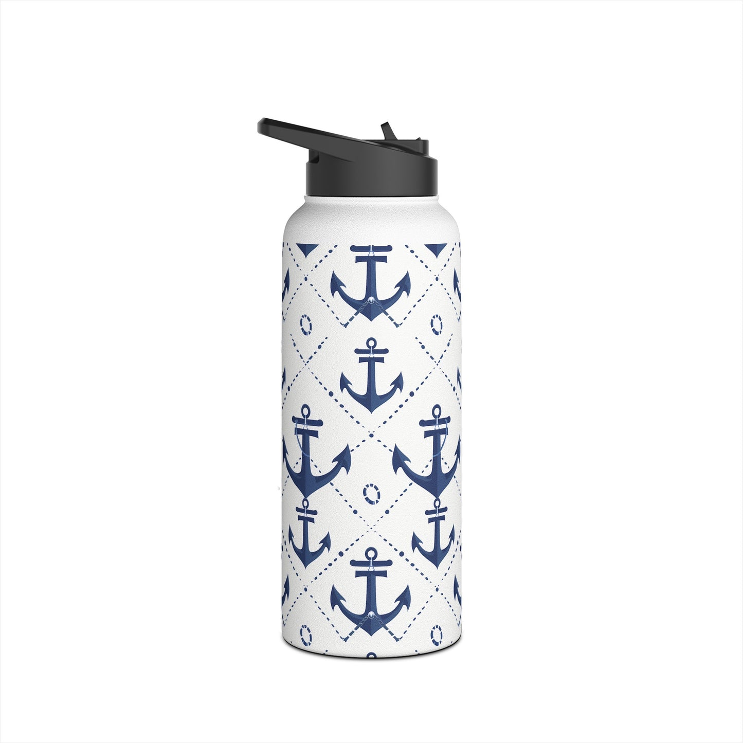 Stainless Steel Water Bottle Thermos, 32oz, Nautical Anchors - Double Wall Insulation Keeps Drinks Hot or Cold