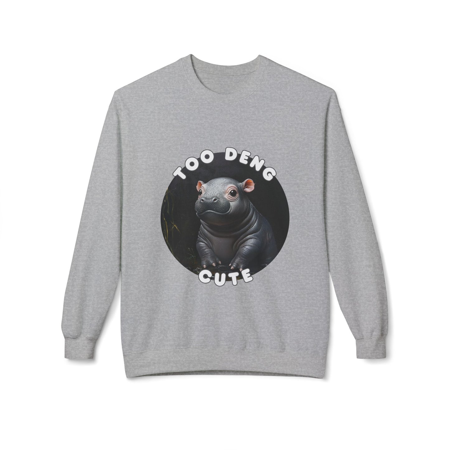 Unisex Fleece Crewneck Sweatshirt - Too Deng Cute Moo Deng Hippo, Cozy Cotton Blend, Classic Relaxed Fit