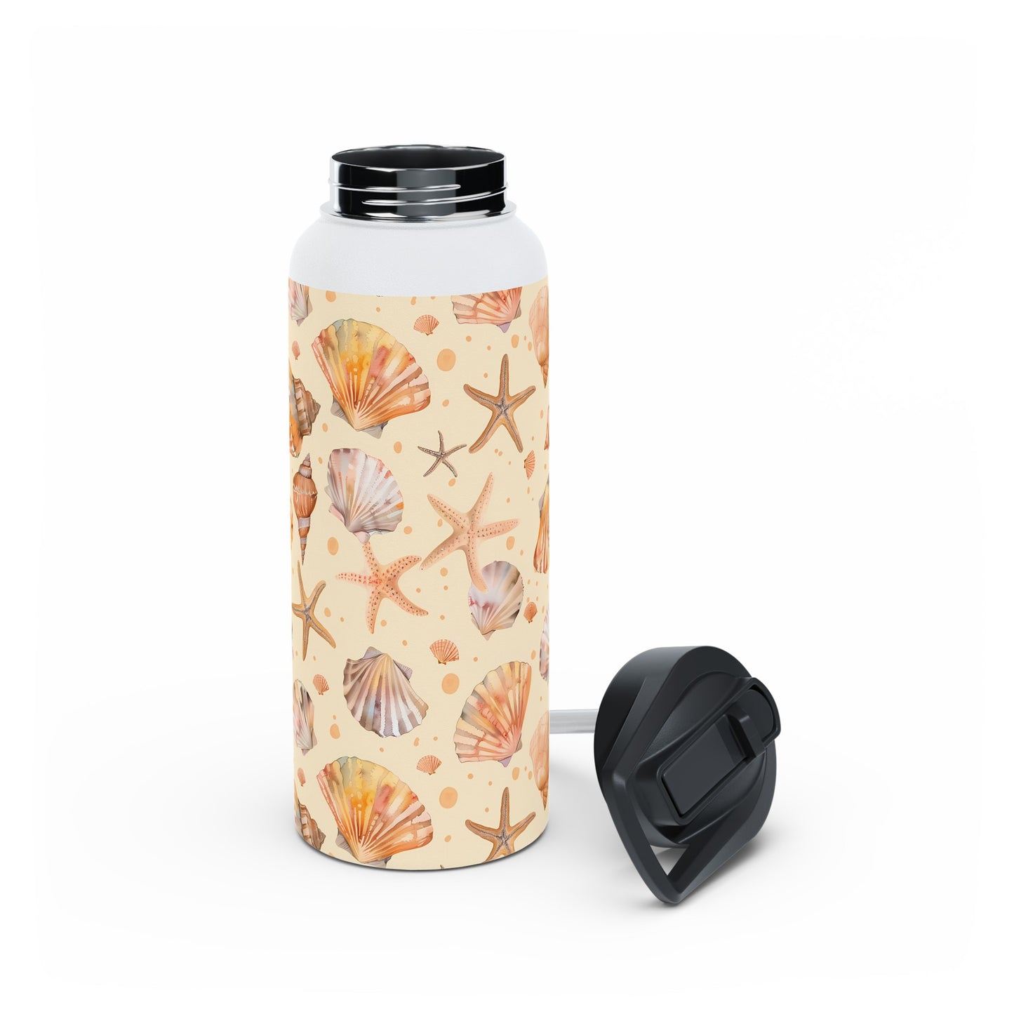 Stainless Steel Water Bottle Thermos, 32oz, Sand Seashells Starfish - Double Wall Insulation Keeps Drinks Hot or Cold