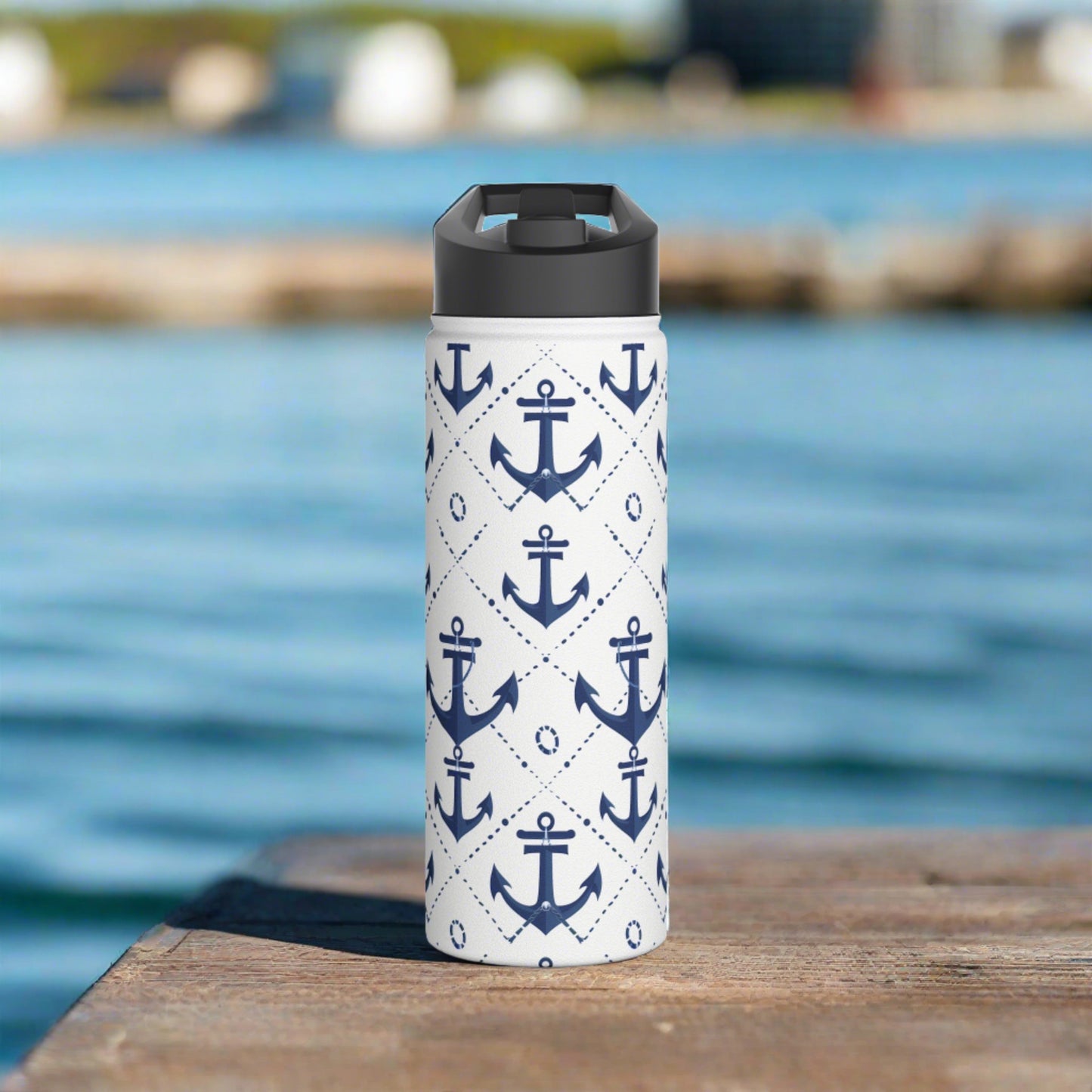 Stainless Steel Water Bottle Thermos, 18oz, Nautical Anchors - Double Wall Insulation Keeps Drinks Hot or Cold