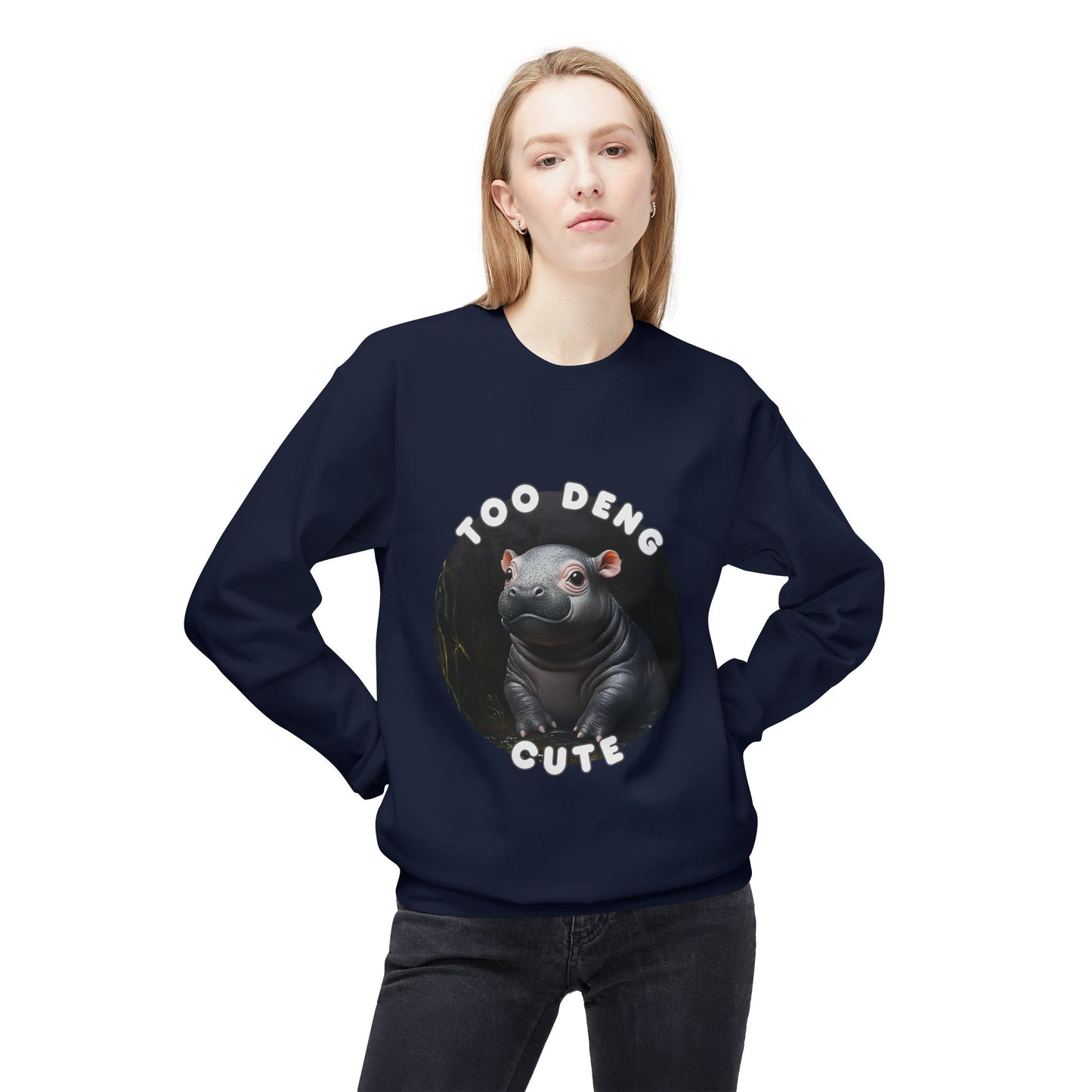 Unisex Fleece Crewneck Sweatshirt - Too Deng Cute Moo Deng Hippo, Cozy Cotton Blend, Classic Relaxed Fit