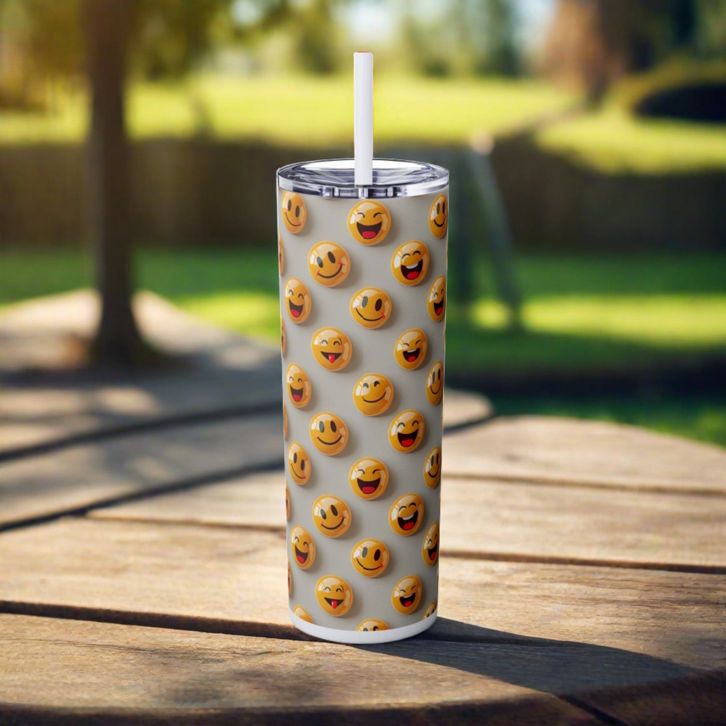 Stainless Steel Tumbler with Lid & Straw, 20 oz, 3D Happy Emojis - Double-walled, Keeps Drinks Hot or Cold