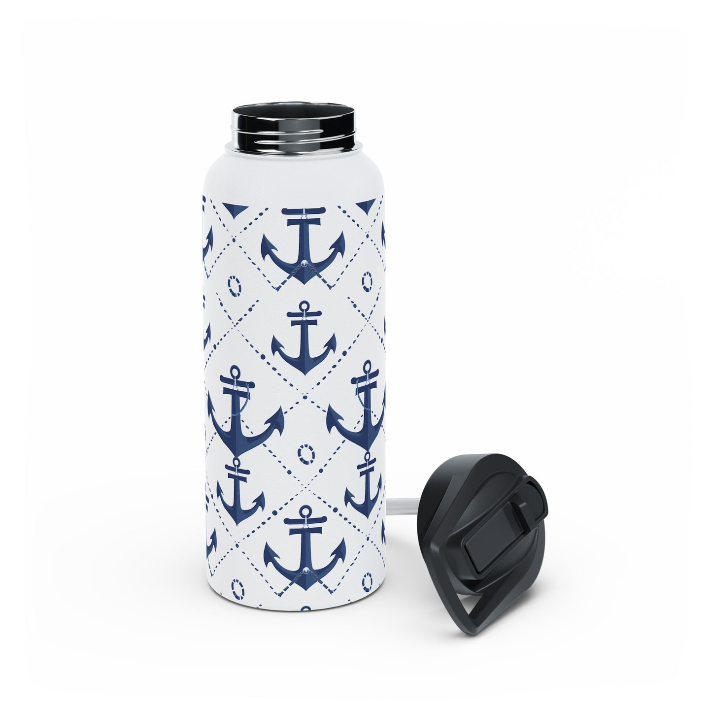 Stainless Steel Water Bottle Thermos, 32oz, Nautical Anchors - Double Wall Insulation Keeps Drinks Hot or Cold