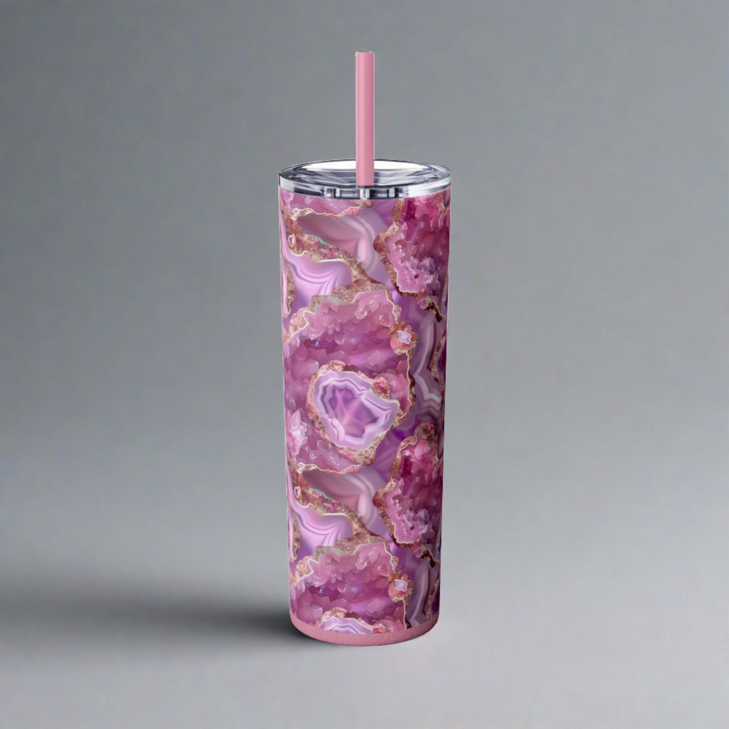 Stainless Steel Tumbler with Lid & Straw, 20 oz, Pink Quartz Geode  - Double-walled, Keeps Drinks Hot or Cold