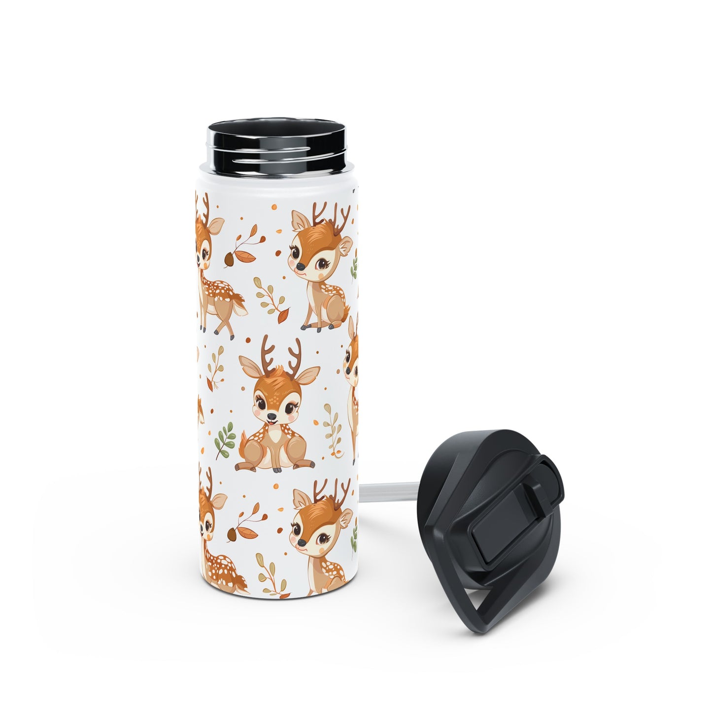 Insulated Water Bottle Thermos, 18oz, Cute Baby Deer - Double Walled Stainless Steel, Keeps Drinks Hot or Cold