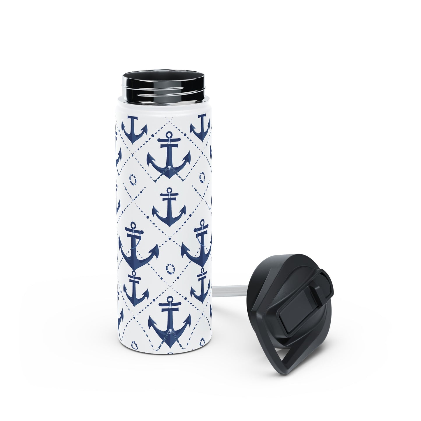 Stainless Steel Water Bottle Thermos, 18oz, Nautical Anchors - Double Wall Insulation Keeps Drinks Hot or Cold