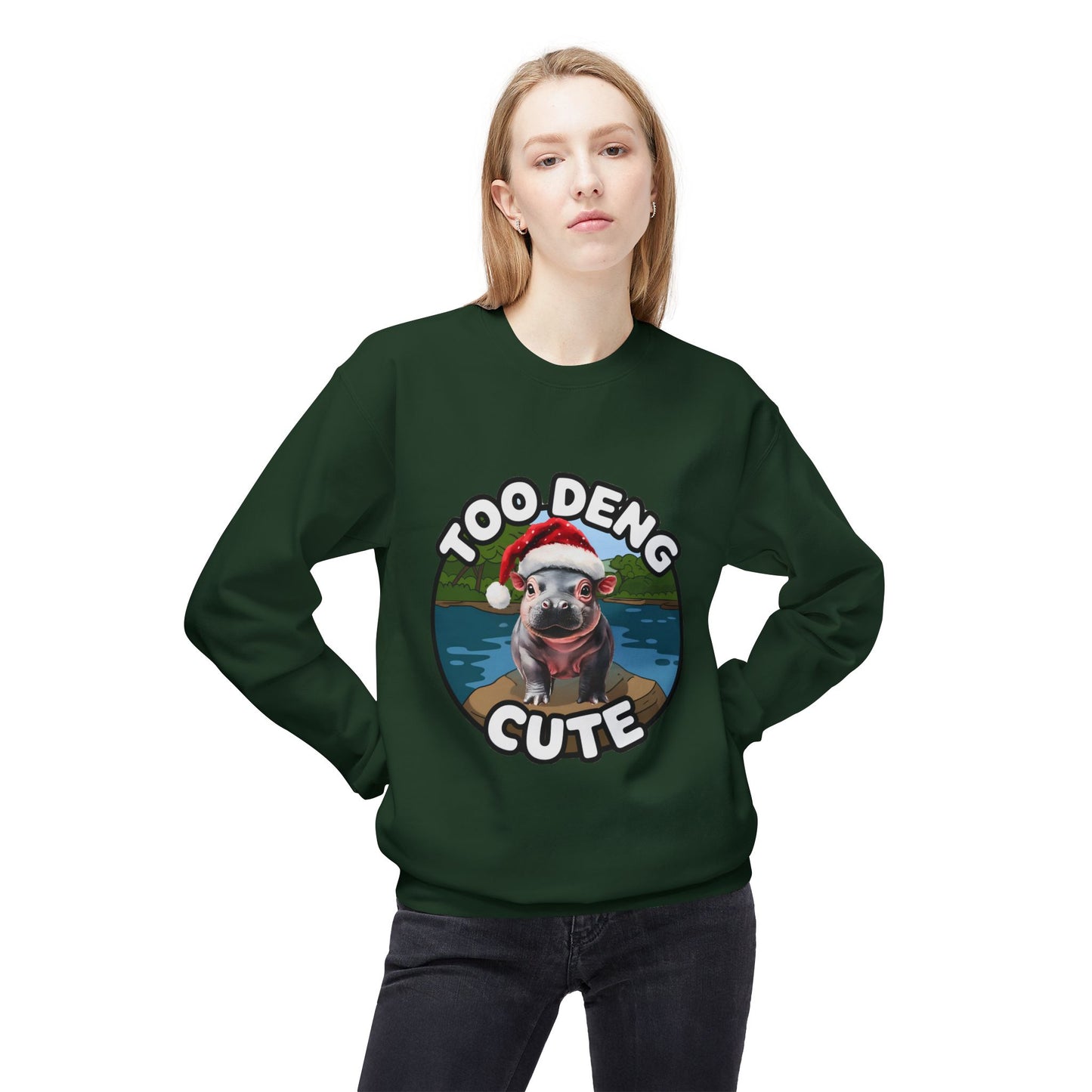 Unisex Midweight Fleece Crewneck Sweatshirt - Cozy Cotton Blend, Eco-Friendly Moo Deng Hippo Design, Classic Relaxed Fit