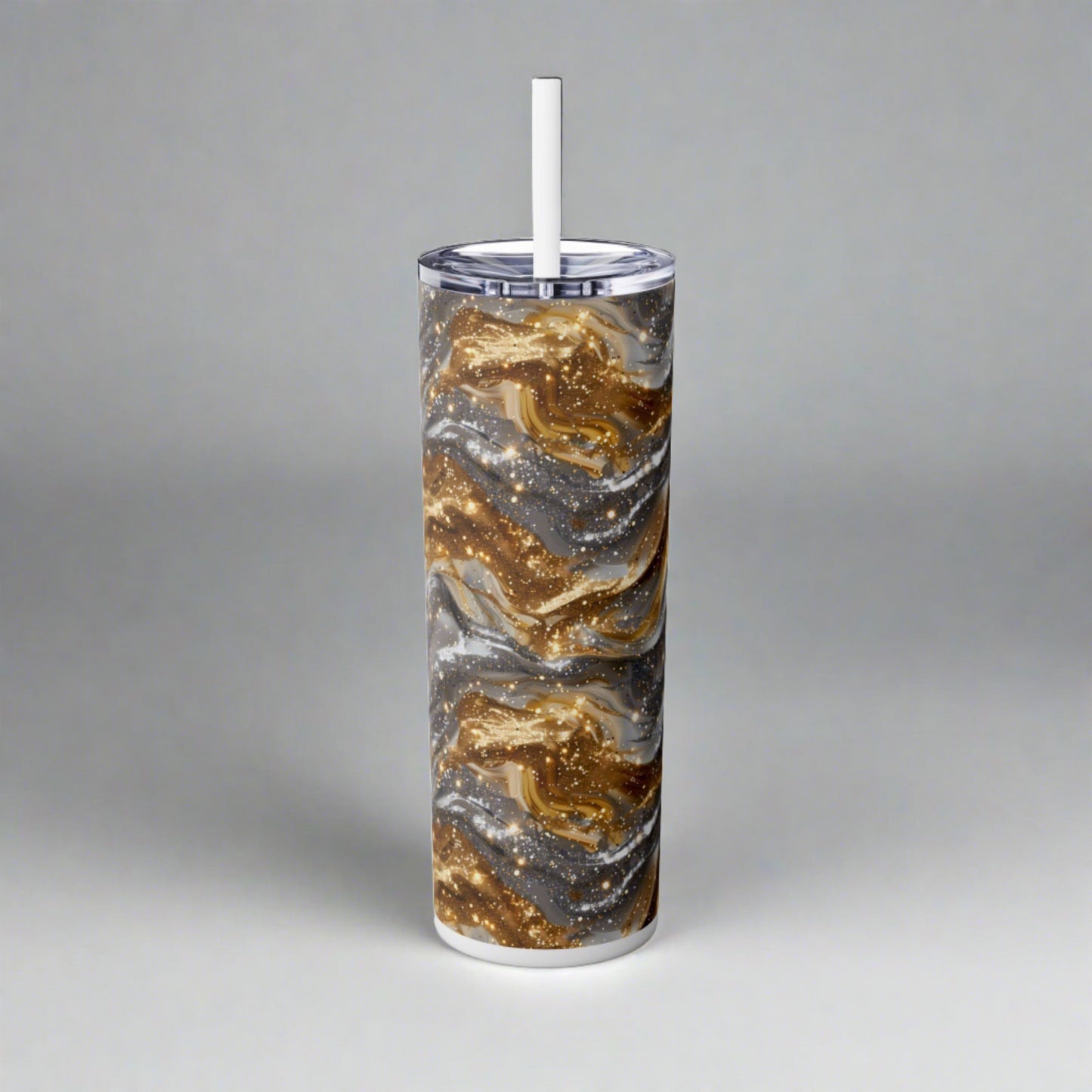 Stainless Steel Tumbler with Lid & Straw, 20 oz, Gold Silver Waves - Double-walled, Keeps Drinks Hot or Cold