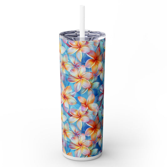 Stainless Steel Tumbler with Lid & Straw, 20 oz (Plumeria Liberty Print) Double-walled, Keeps Drinks Hot or Cold