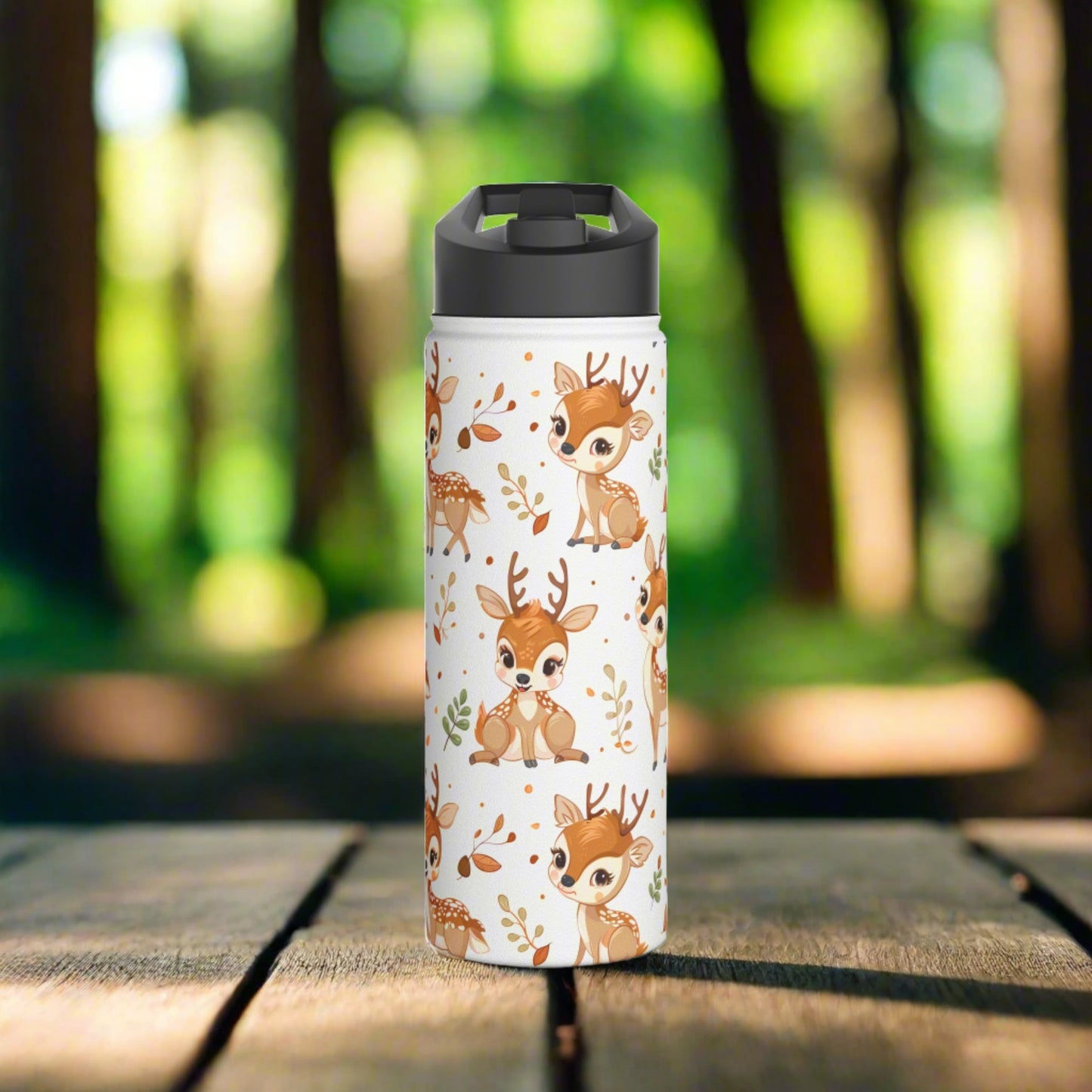 Insulated Water Bottle Thermos, 18oz, Cute Baby Deer - Double Walled Stainless Steel, Keeps Drinks Hot or Cold