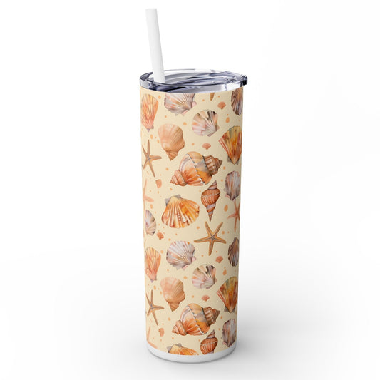 Stainless Steel Tumbler with Lid & Straw, 20 oz (Seashells & Starfish) Double-walled, Keeps Drinks Hot or Cold