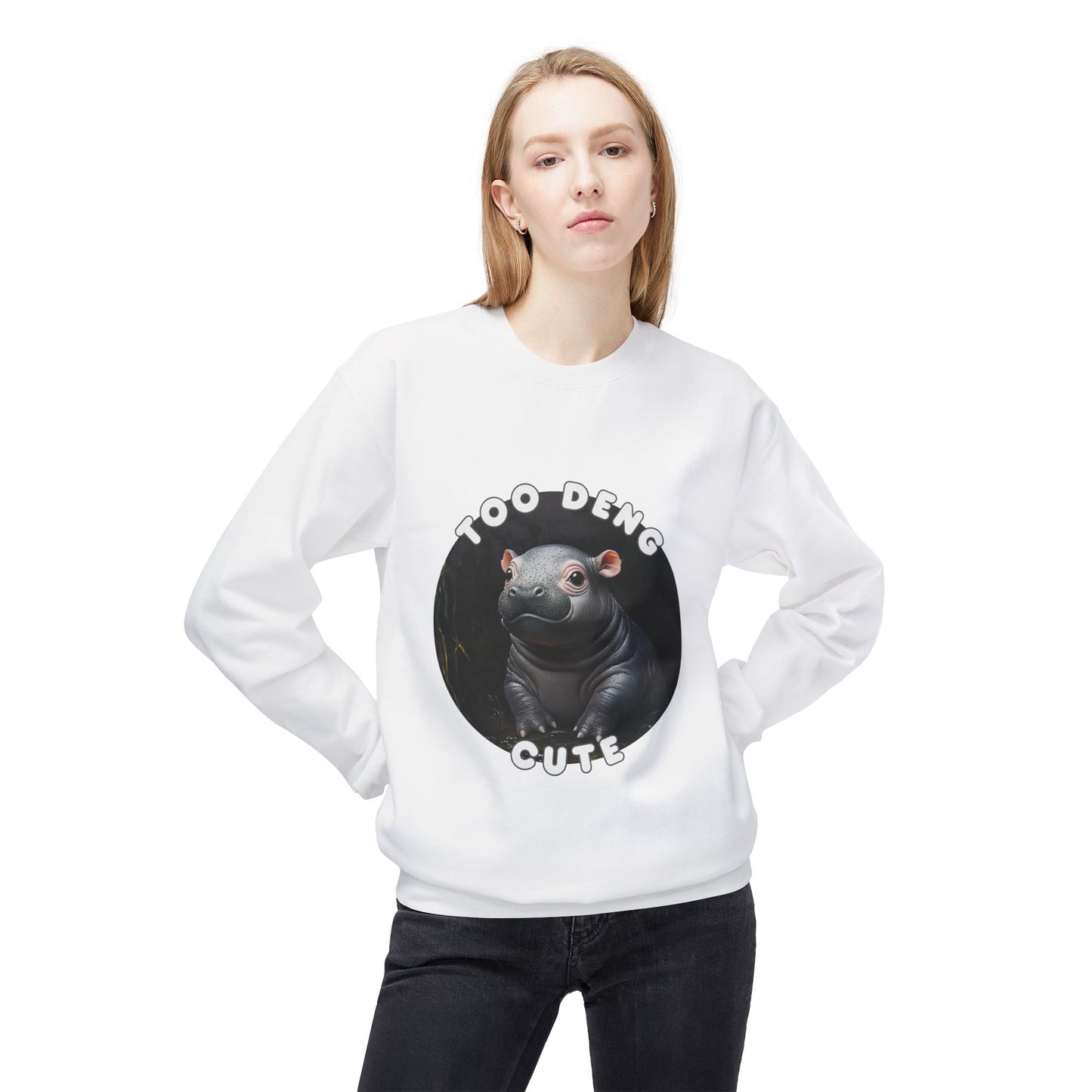 Unisex Fleece Crewneck Sweatshirt - Too Deng Cute Moo Deng Hippo, Cozy Cotton Blend, Classic Relaxed Fit