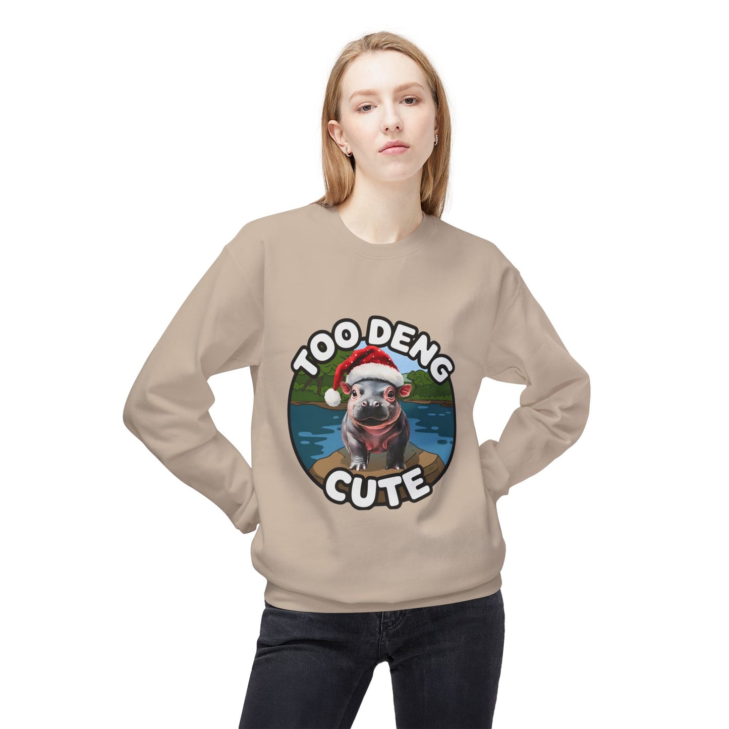 Unisex Midweight Fleece Crewneck Sweatshirt - Cozy Cotton Blend, Eco-Friendly Moo Deng Hippo Design, Classic Relaxed Fit