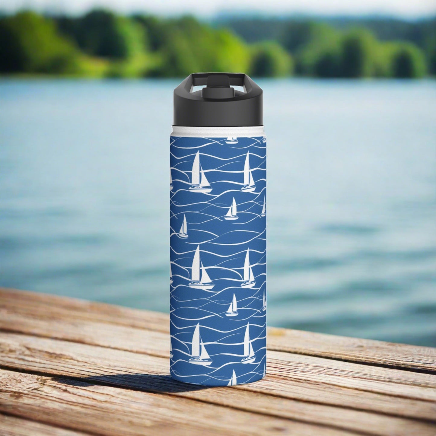 Stainless Steel Water Bottle Thermos, 18oz, Sailboats - Double Wall Insulation Keeps Drinks Hot or Cold