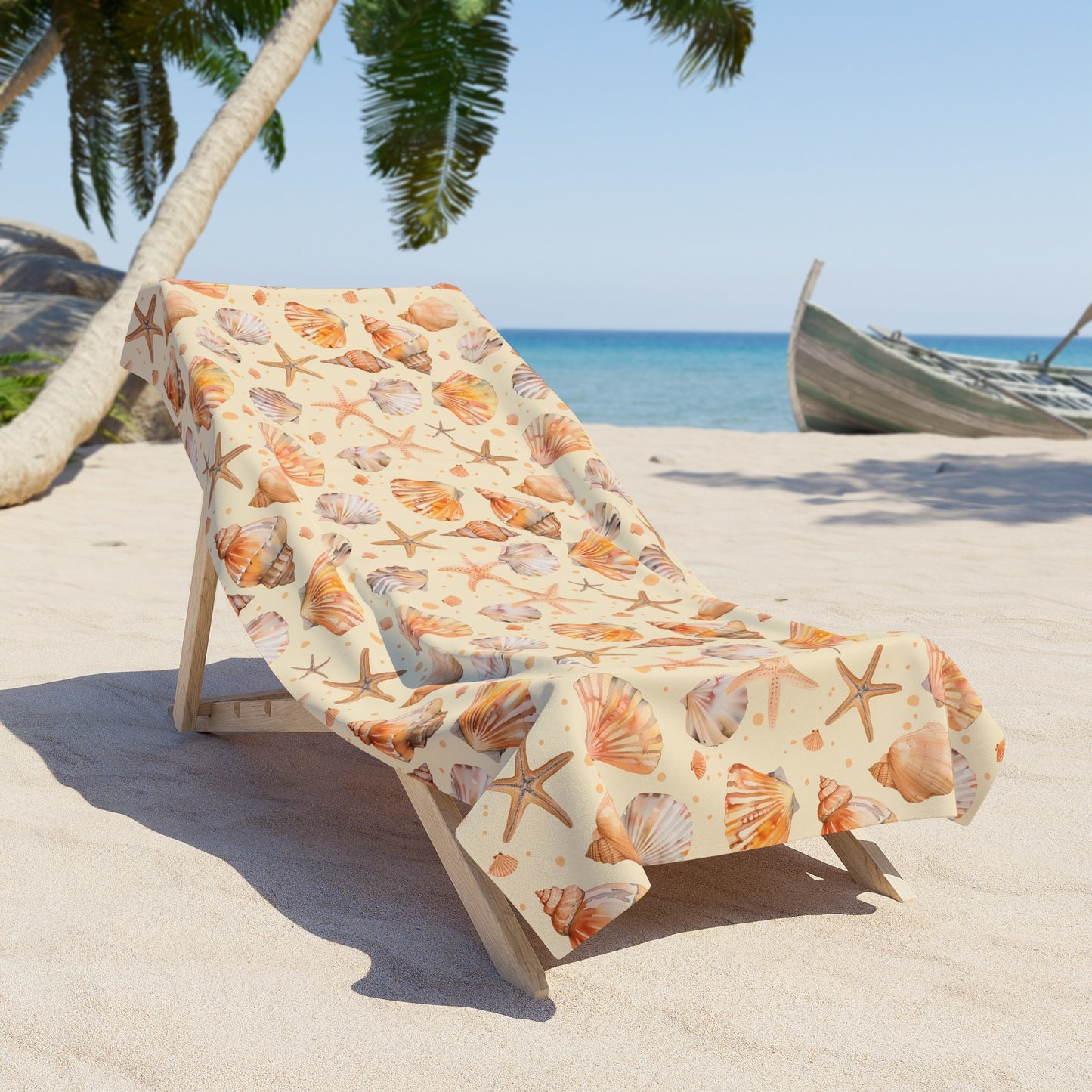 Oversized Microfiber Beach Towel with Seashells & Starfish Watercolor Design (36" × 72")