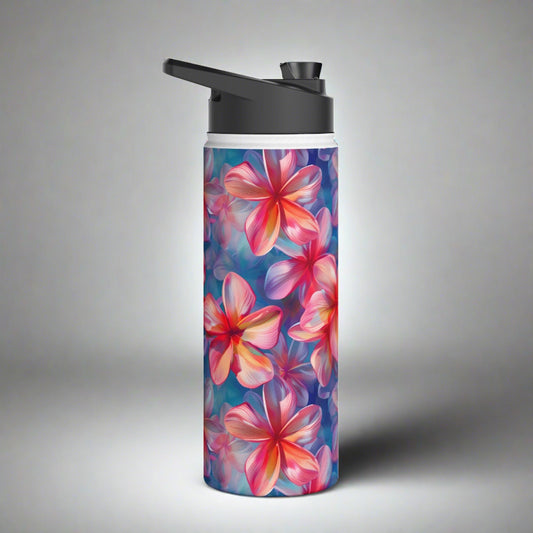 Stainless Steel Water Bottle Thermos, 18oz, Pink Plumeria - Double Wall Insulation Keeps Drinks Hot or Cold