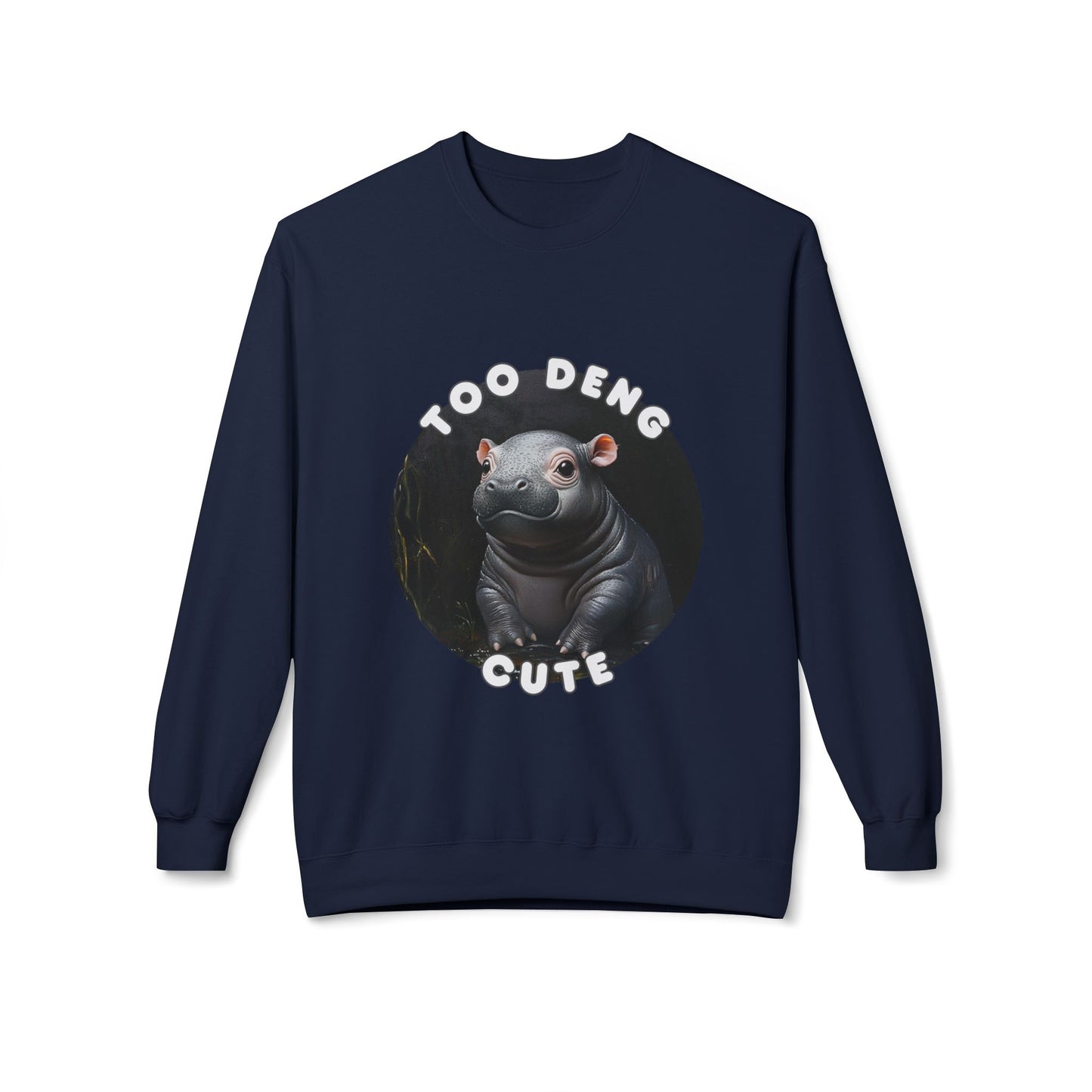 Unisex Fleece Crewneck Sweatshirt - Too Deng Cute Moo Deng Hippo, Cozy Cotton Blend, Classic Relaxed Fit