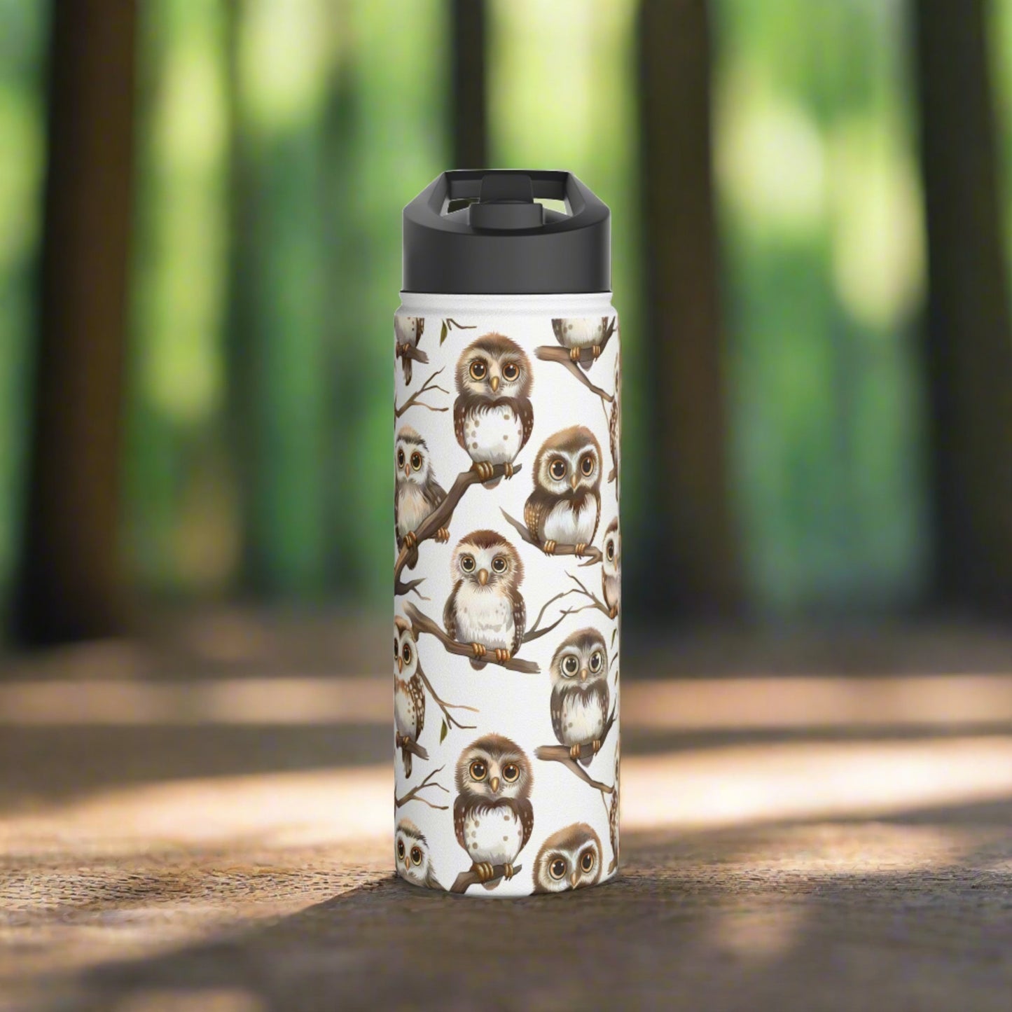 Insulated Water Bottle Thermos, 18oz, Cute Owlets - Double Walled Stainless Steel, Keeps Drinks Hot or Cold