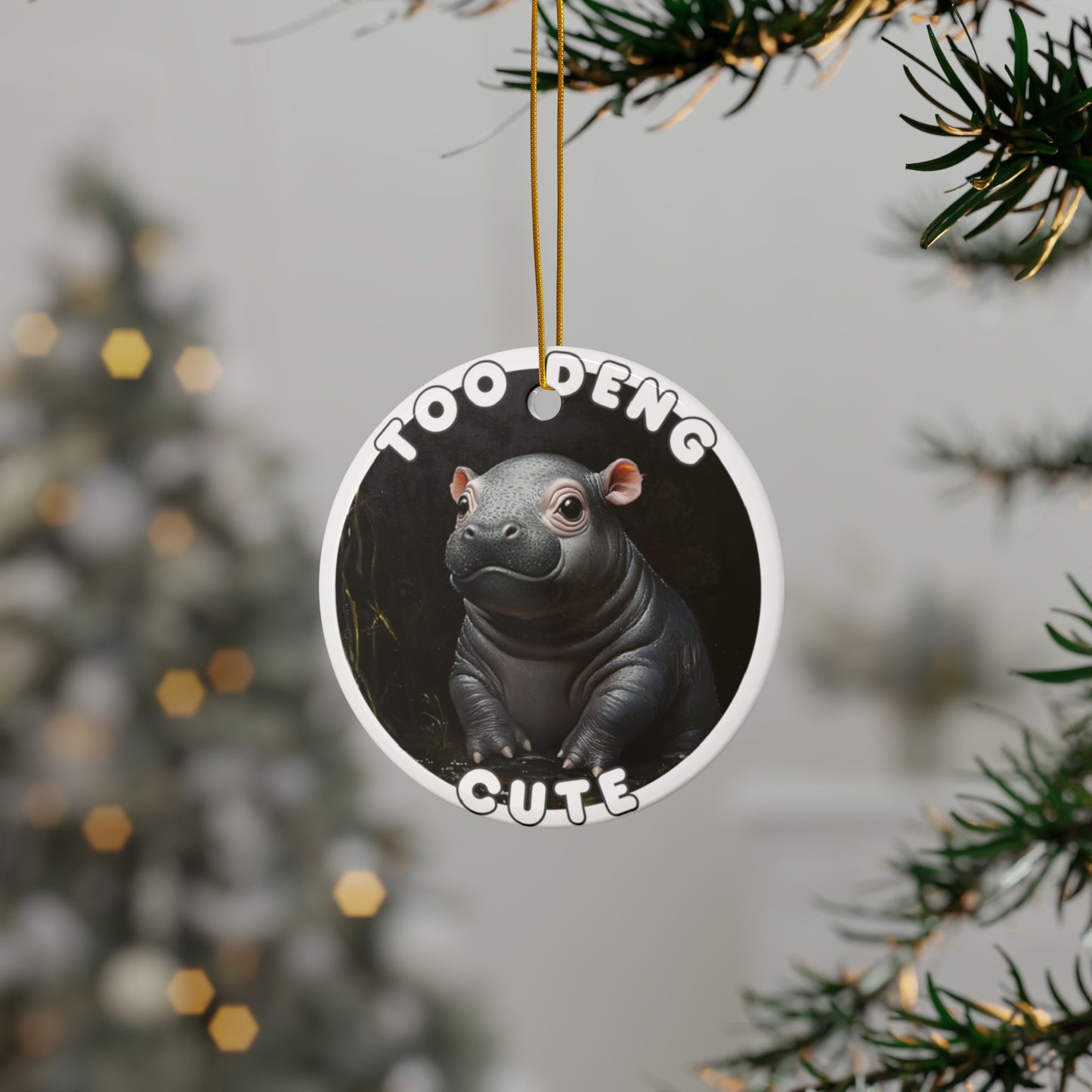 Too Deng Cute Hippo Holiday Ornament, 2-Sided Print Moo Deng Christmas Ornament