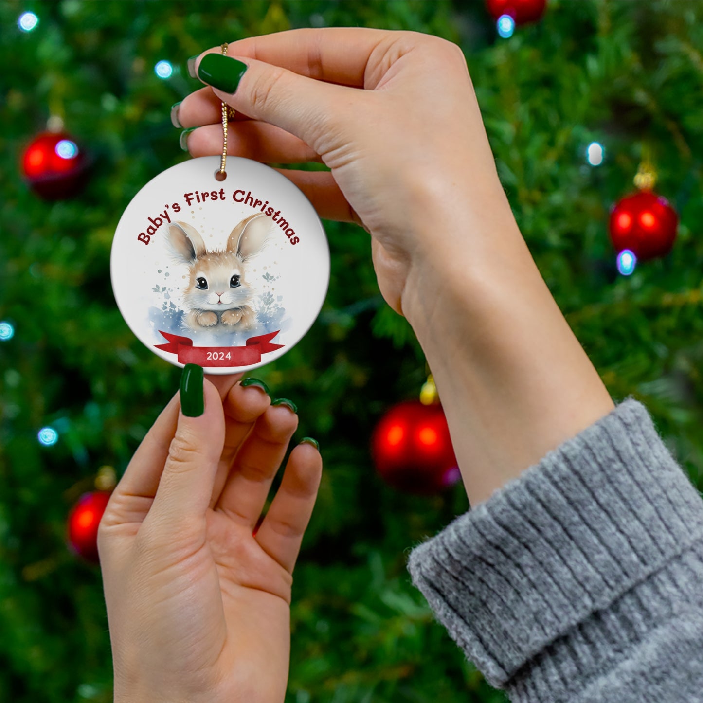 Baby's First Christmas Ornament, 2024 Keepsake Holiday Ornament, Cute Bunny Rabbit Design