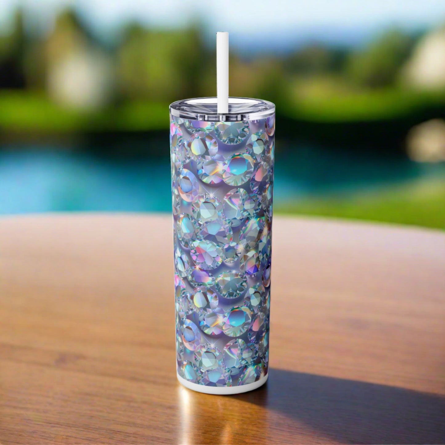 Stainless Steel Tumbler with Lid & Straw, 20 oz, Diamond Gem Bling  - Double-walled, Keeps Drinks Hot or Cold