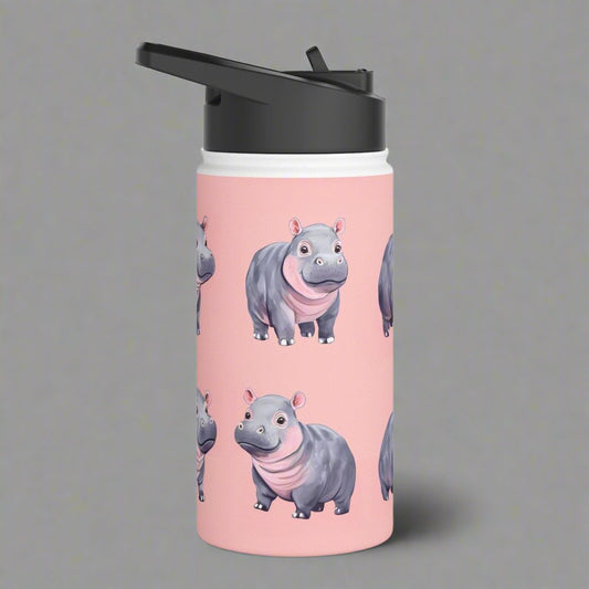 Insulated Water Bottle, 12oz, Cute Baby Pygmy Hippo - Double Walled Stainless Steel, Keeps Drinks Hot or Cold