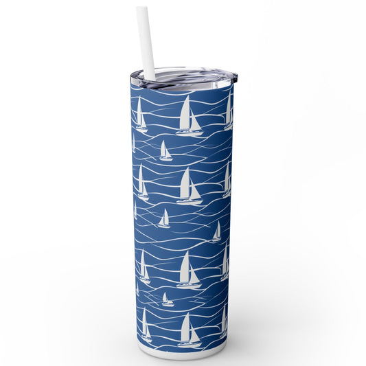 Stainless Steel Tumbler with Lid & Straw, 20 oz (Nautical Sailboats) Double-walled, Keeps Drinks Hot or Cold