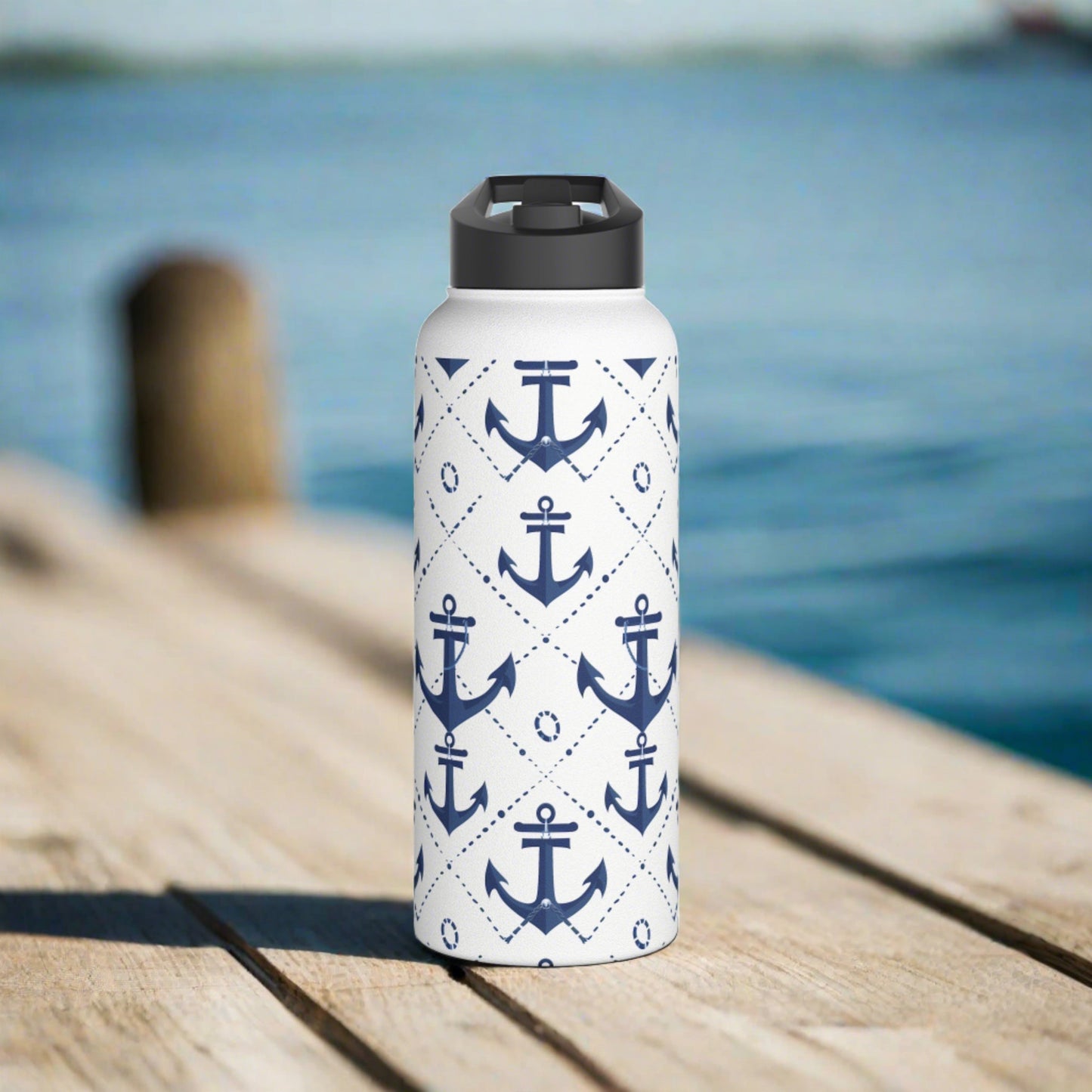 Stainless Steel Water Bottle Thermos, 32oz, Nautical Anchors - Double Wall Insulation Keeps Drinks Hot or Cold