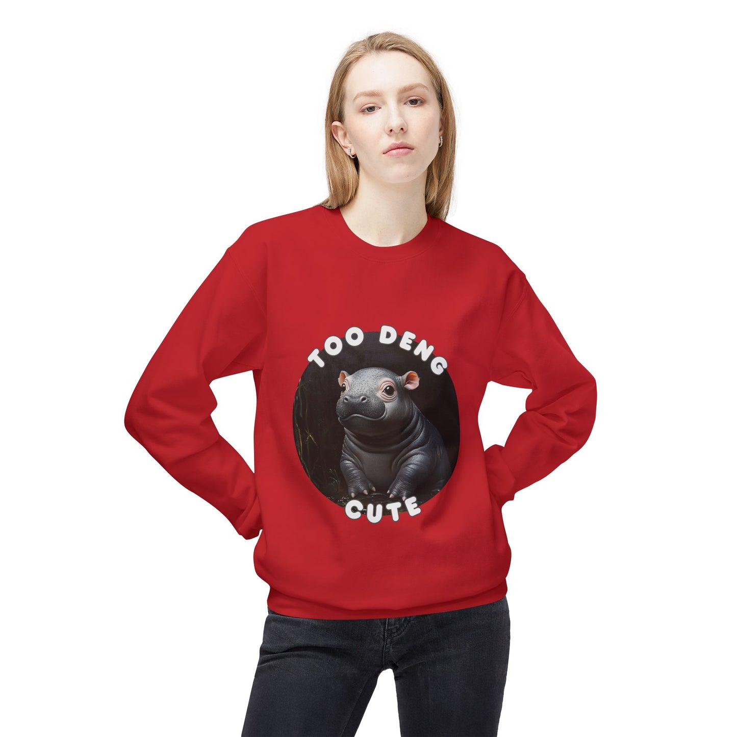 Unisex Fleece Crewneck Sweatshirt - Too Deng Cute Moo Deng Hippo, Cozy Cotton Blend, Classic Relaxed Fit