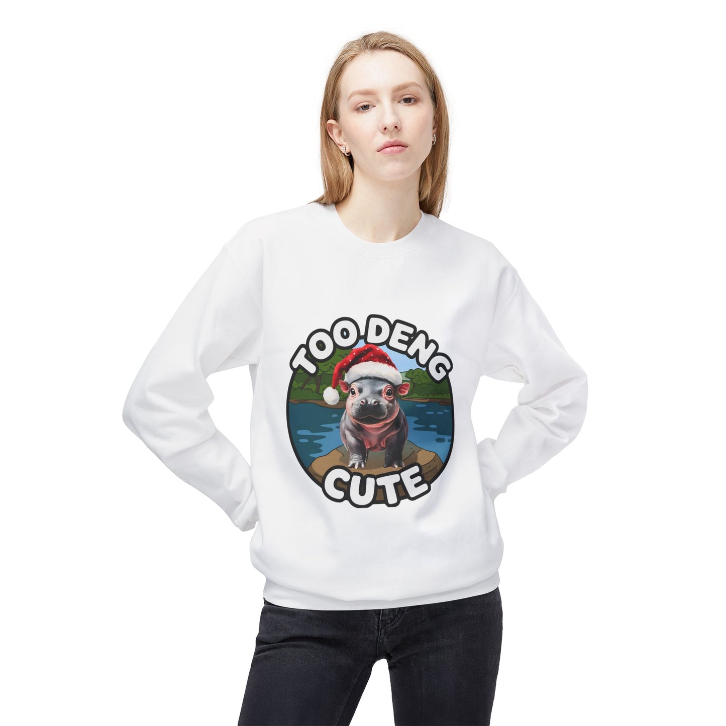 Unisex Midweight Fleece Crewneck Sweatshirt - Cozy Cotton Blend, Eco-Friendly Moo Deng Hippo Design, Classic Relaxed Fit