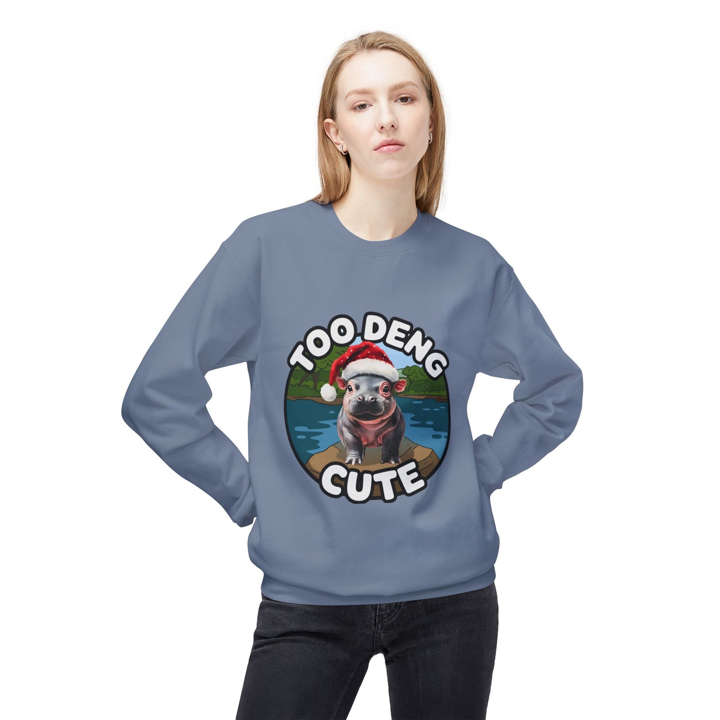 Unisex Midweight Fleece Crewneck Sweatshirt - Cozy Cotton Blend, Eco-Friendly Moo Deng Hippo Design, Classic Relaxed Fit