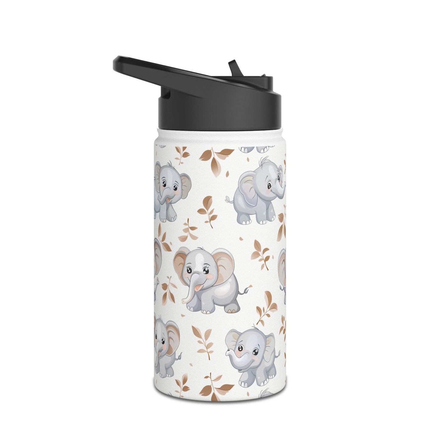 Insulated Water Bottle, 12oz, Cute Baby Elephants - Double Walled Stainless Steel Thermos, Keeps Drinks Hot or Cold