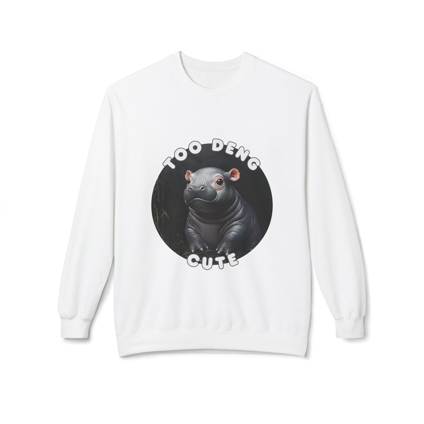 Unisex Fleece Crewneck Sweatshirt - Too Deng Cute Moo Deng Hippo, Cozy Cotton Blend, Classic Relaxed Fit