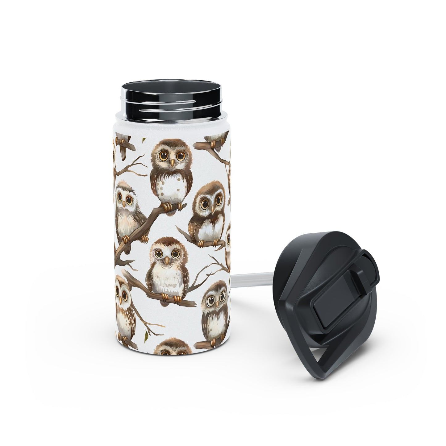 Insulated Water Bottle, 12oz, Cute Owlets - Double Walled Stainless Steel Thermos, Keeps Drinks Hot or Cold