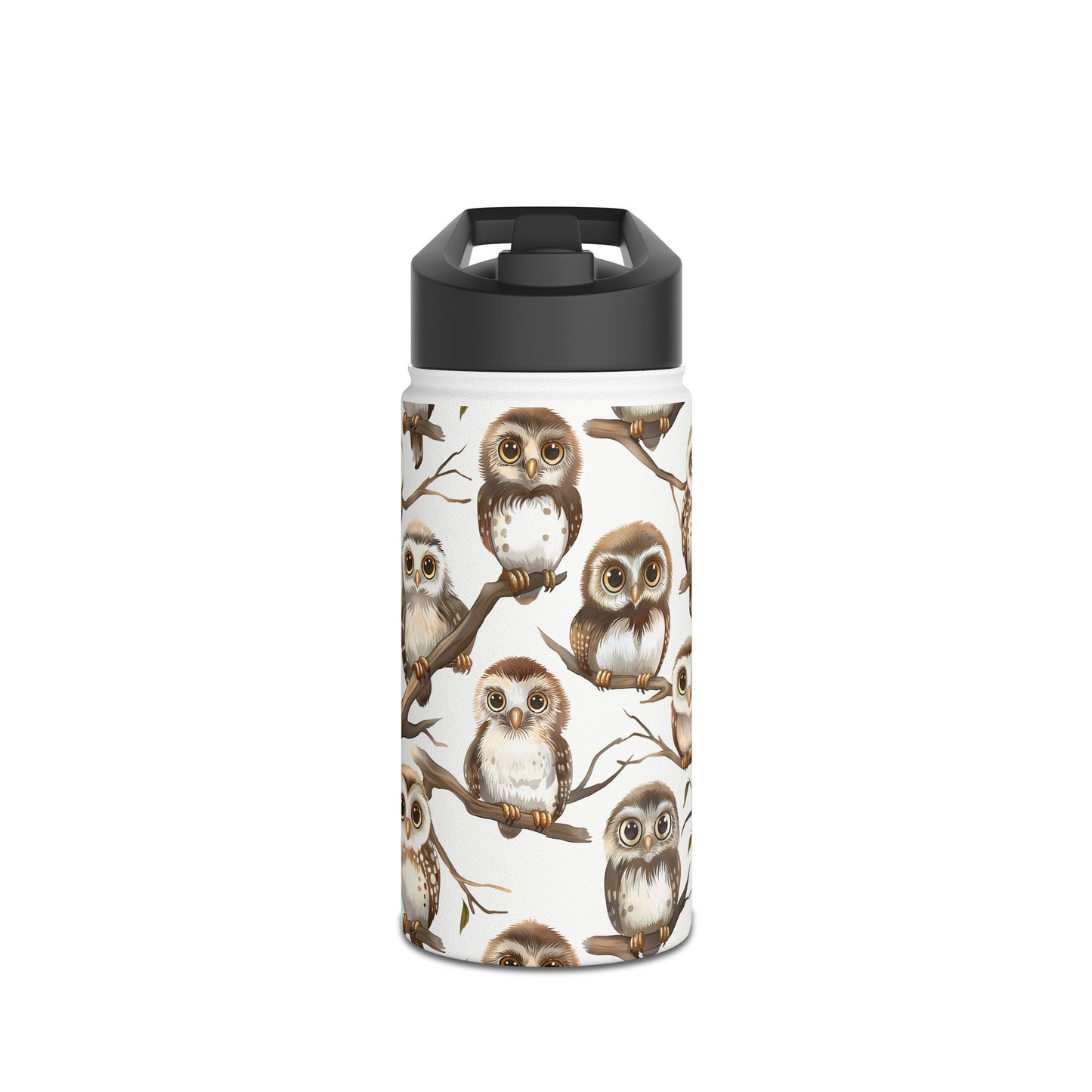 Insulated Water Bottle, 12oz, Cute Owlets - Double Walled Stainless Steel Thermos, Keeps Drinks Hot or Cold