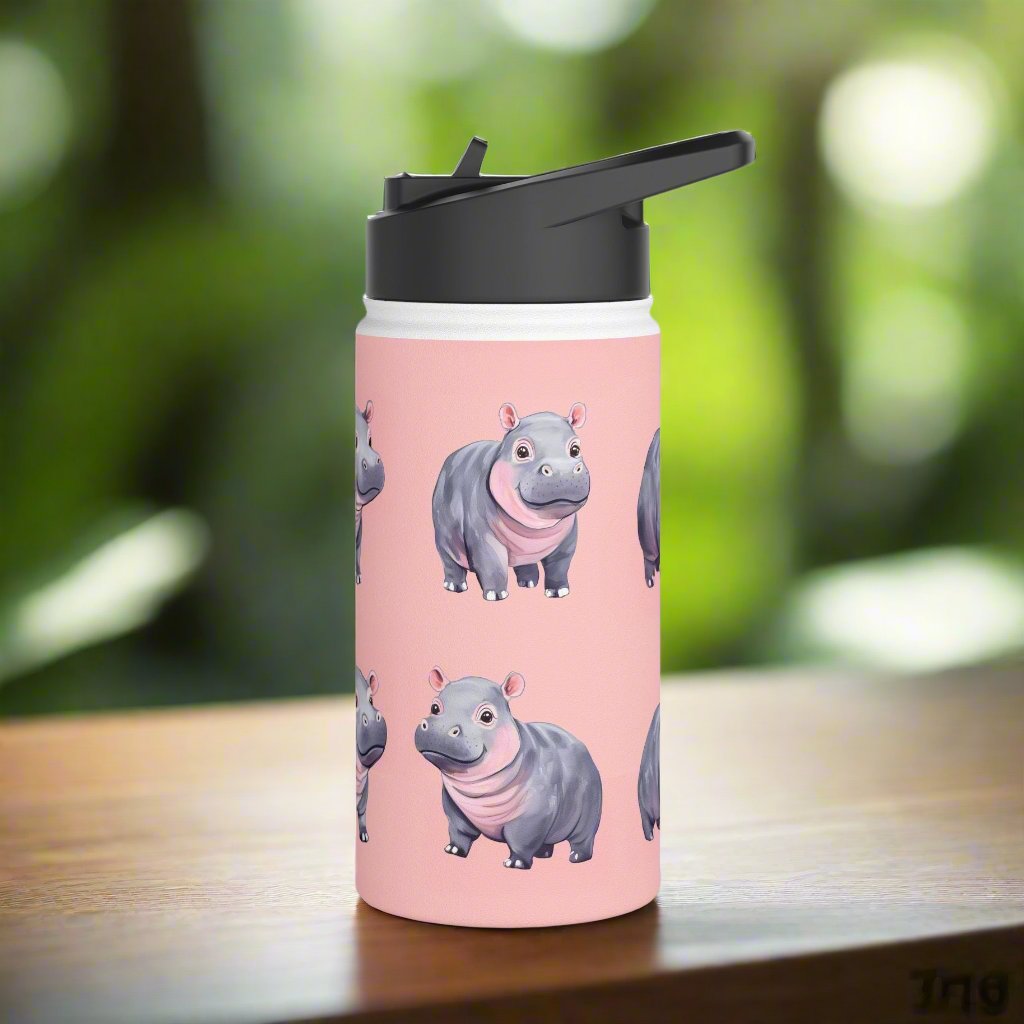 Insulated Water Bottle, 12oz, Cute Baby Pygmy Hippo - Double Walled Stainless Steel, Keeps Drinks Hot or Cold