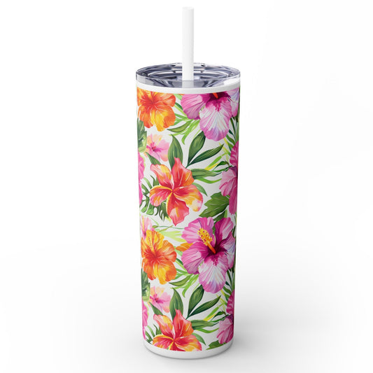 Stainless Steel Tumbler with Lid & Straw, 20 oz (Tropical Hibiscus) Double-walled, Keeps Drinks Hot or Cold