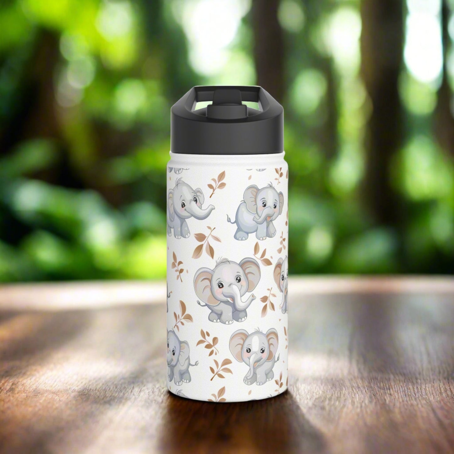 Insulated Water Bottle, 12oz, Cute Baby Elephants - Double Walled Stainless Steel Thermos, Keeps Drinks Hot or Cold