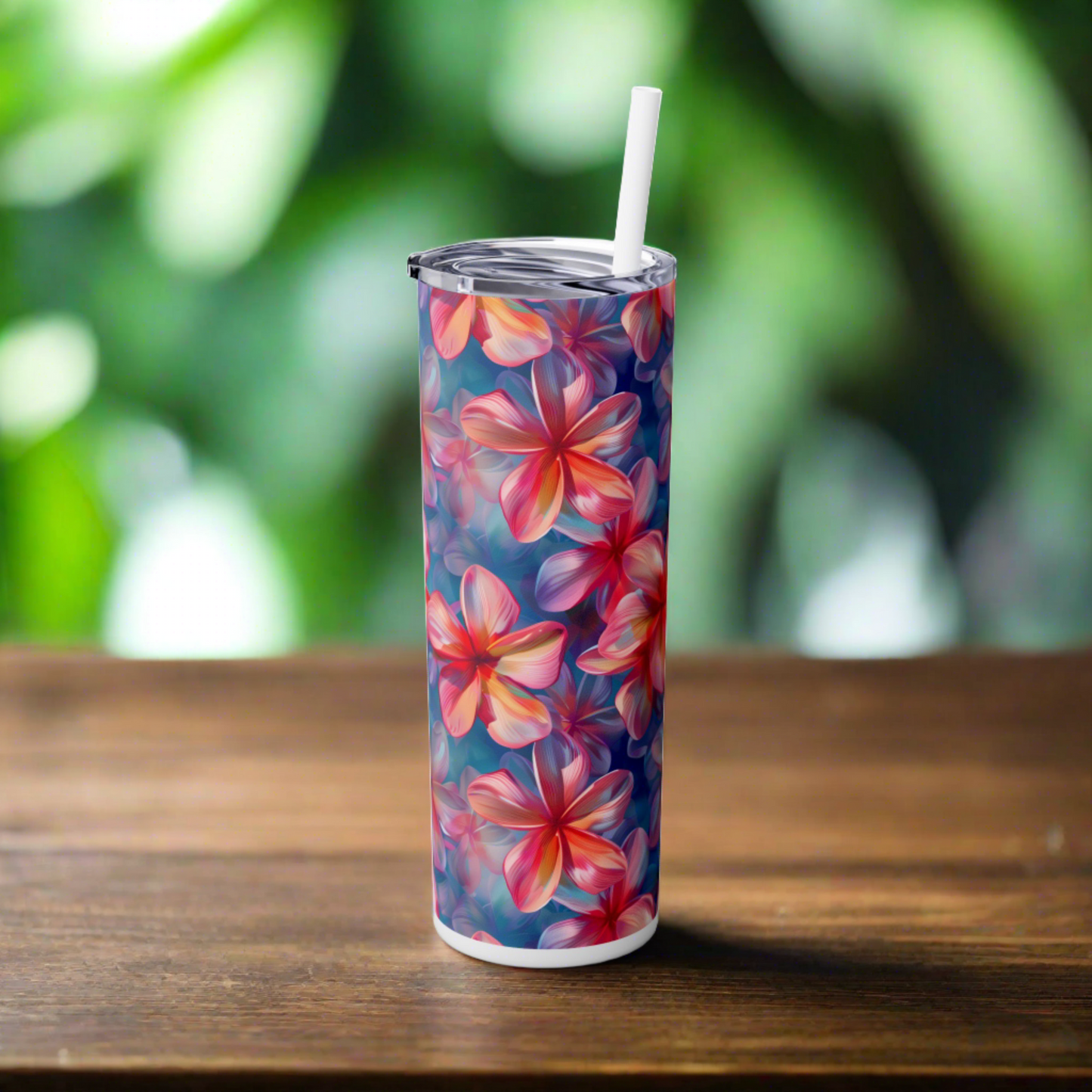 Stainless Steel Tumbler with Lid & Straw, 20 oz (Vibrant Plumeria Floral) Double-walled, Keeps Drinks Hot or Cold