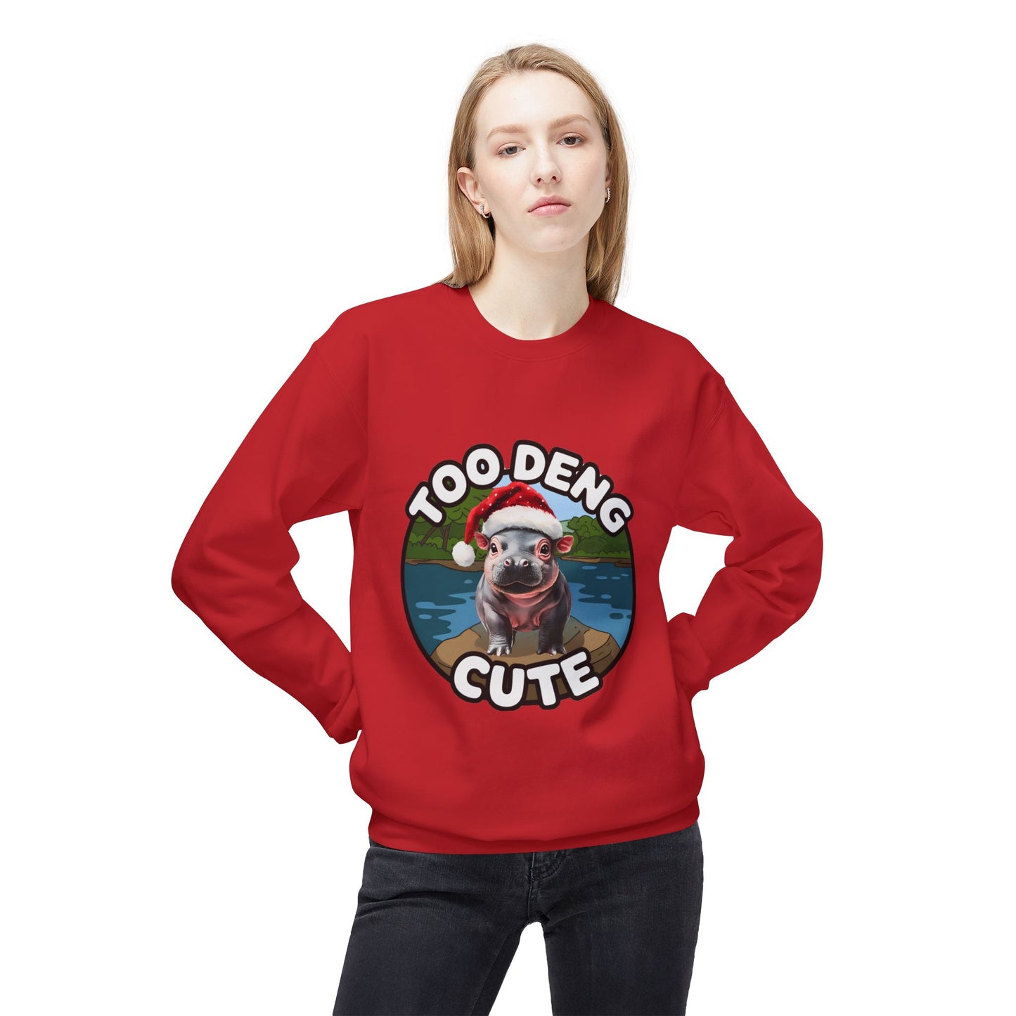 Unisex Midweight Fleece Crewneck Sweatshirt - Cozy Cotton Blend, Eco-Friendly Moo Deng Hippo Design, Classic Relaxed Fit